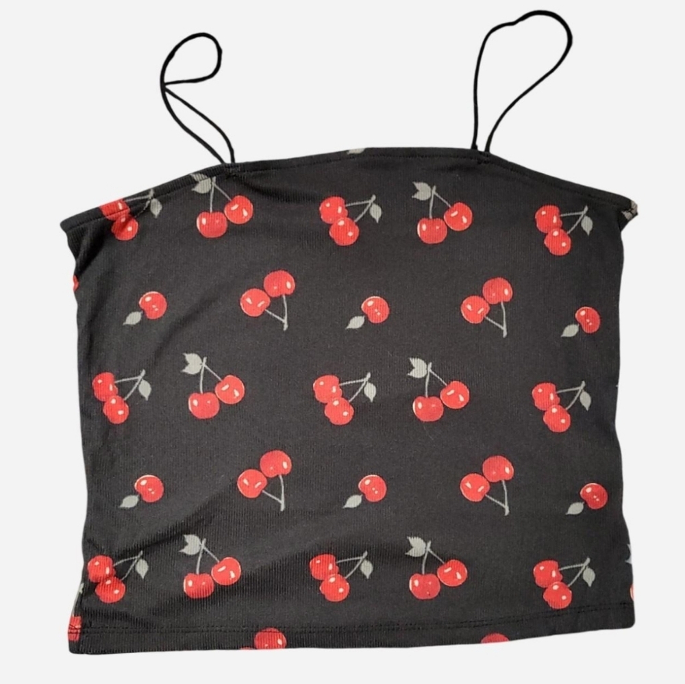 faded rose black rib knit spaghetti strap cropped tank top with cherry print